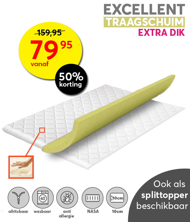 Topper 140x200 - 10cm dik - Nasa Traagschuim - Afritsbaar hoes